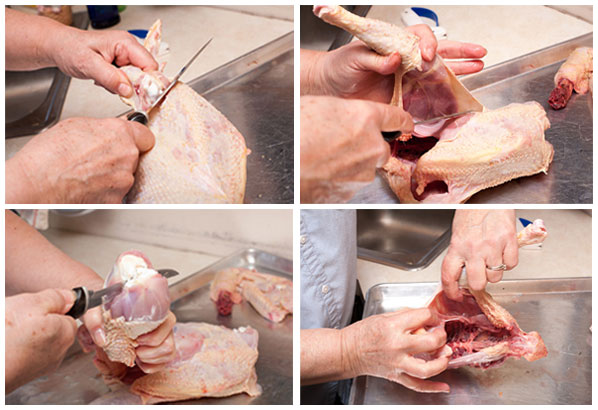 Janet disjoints the wings and severs it from the carcass, then makes a clean cut in the connective tissue holding the thigh to the body. She carefully bends the leg and thigh over her index finger and makes a cut to separate the two pieces. Lastly, pulls up on the leg to make a clean cut separation of the leg from the body