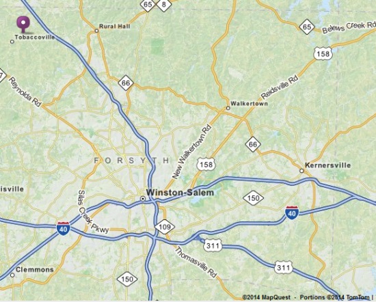 Map of NC showing location of Tobaccoville, NC.