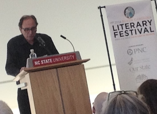 R.L. Stine, famous children’s author of the Goosebumps series, speaks at the festival while food trucks prepare for customers to arrive after the program ends.