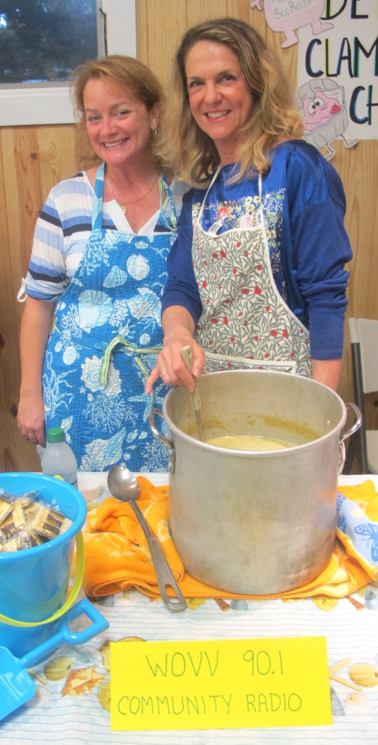 WOVV 90.1 FM’s New England Style Clam Chowder: Daphne Bennick (right) and Lisa Landrun (left) represented the community radio station. They served a chowder for which Bennick’s background in French cooking influenced her herb choices and meat pairings in her adaptation of New England clam chowder. Ingredients: clams, onion, fennel, celery, carrot, bacon, pancetta, butter, flour, thyme, pepper, cream, white wine. Photo: Leanne E. Smith, 4-4-2015.