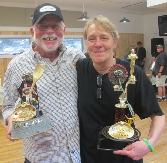Philip Howard (left) and Sherry Atkinson (right) hold their respective trophies for traditional and non-traditional chowders. Photo: Leanne E. Smith, 4-4-2015.