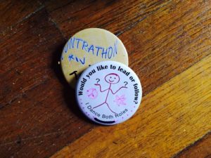 Pins accumulated at contra dances.  