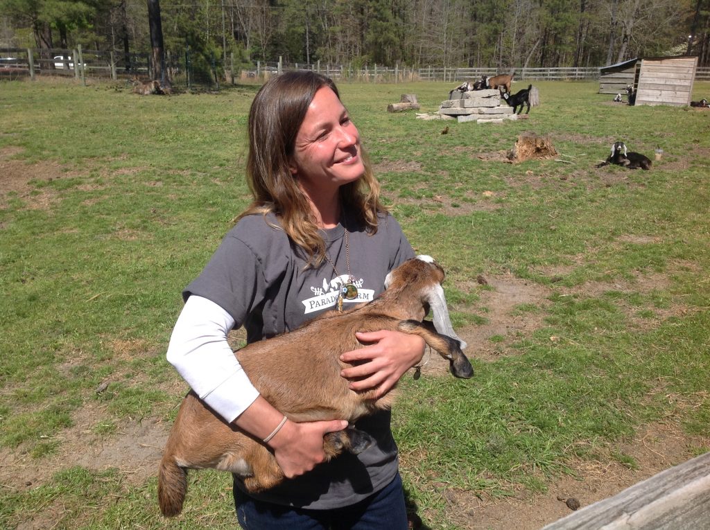 WWOOFer Bridget Kennedy, who has worked at Paradox Farm for several months, holds one of the goats.