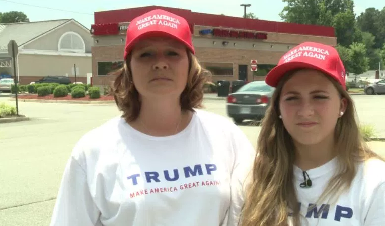 Shannon Riggs (left) and Lauren Wolfrey at the Cook Out. According to Wolfrey, "Once you witness [discrimination] first hand, it's a totally different experience. I was in a state of shock." (Source: http://wtvr.com/2016/06/13/trump-supporters-cook-out/)