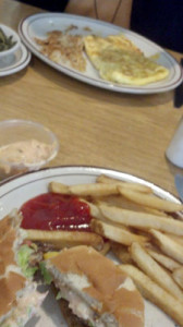 Lunch!  A Honey's cheeseburger with "special sauce" and a cheese omelette. 