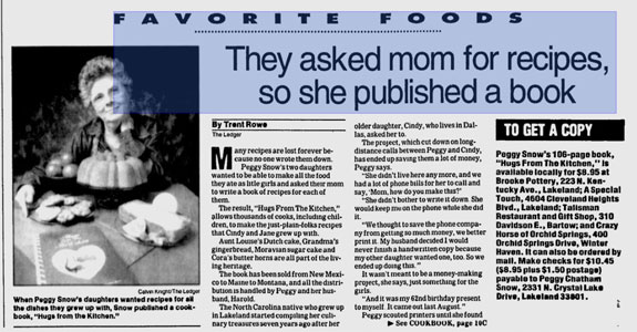 Peggy Snow, Hugs From the Kitche.  The Lakeland Ledger, Nov. 25, 1993, Lakeland, FL5, 1993, Lakeland, FL