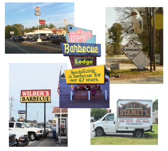 Top: L to R: Gary's Bar-B-Q (China Grove, NC), Blackbeard's B-B-Q (Coneto, NC). Center: Bridges Barbecue Lodge (Shelby, NC) Bottom L to R: Wilber's (Goldsboro, NC), Stamey's (Greensboro, NC)