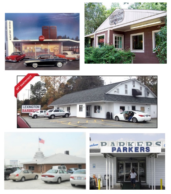 Top: L to R: Gary's Bar-B-Q (China Grove, NC), Blackbeard's B-B-Q (Coneto, NC). Center: Bridges Barbecue Lodge (Shelby, NC) Bottom L to R: Wilber's (Goldsboro, NC), Stamey's (Greensboro, NC)