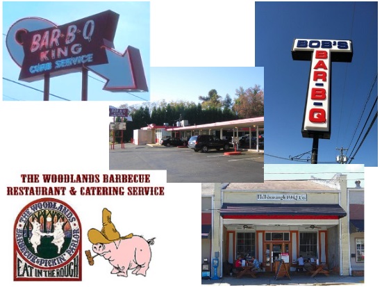 Top left & center: BBQ King Top right: Bob's Bar-B-Q Lower left & right: Woodlands Barbecue, Hillsborough BBQ Company