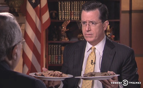Stephen Colbert asks North Carolina first district Congressman G.K. Butterfield to identify a plate of South Carolina barbecue versus a plate of North Carolina barbecue. March 25, 2014. 