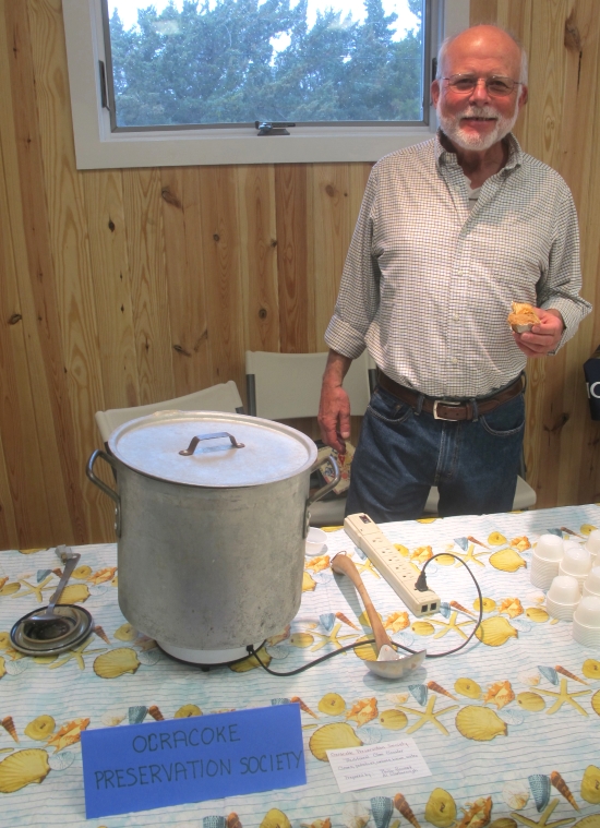 Ocracoke Preservation Society: Philip Howard (above), with clam shucking and potato peeling help from Al Scarborough, made the chowder for the Ocracoke Preservation Society’s entry.  Ingredients: clams, potatoes, onions, bacon, water.  Photo: Leanne E. Smith.  