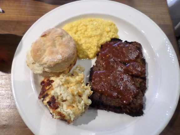 The mac and cheese that came with my wife’s order of grilled meatloaf with creamed corn and a biscuit was so good that I helped her by eating most of it.