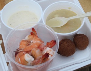 Bisque, stew, shrimp, and hushpuppies. December 30, 2015. (Leanne E. Smith)