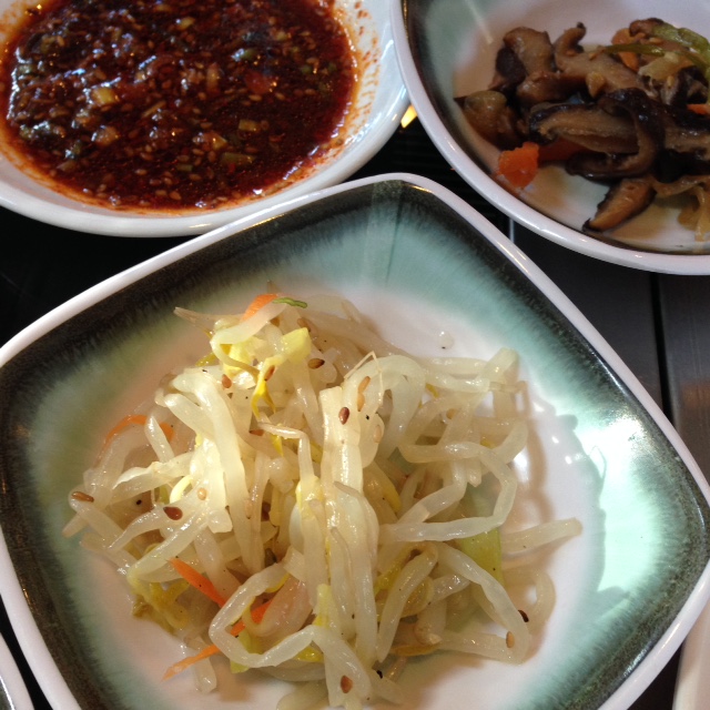 Potato kimchi, shiitake kimchi, and dumpling sauce